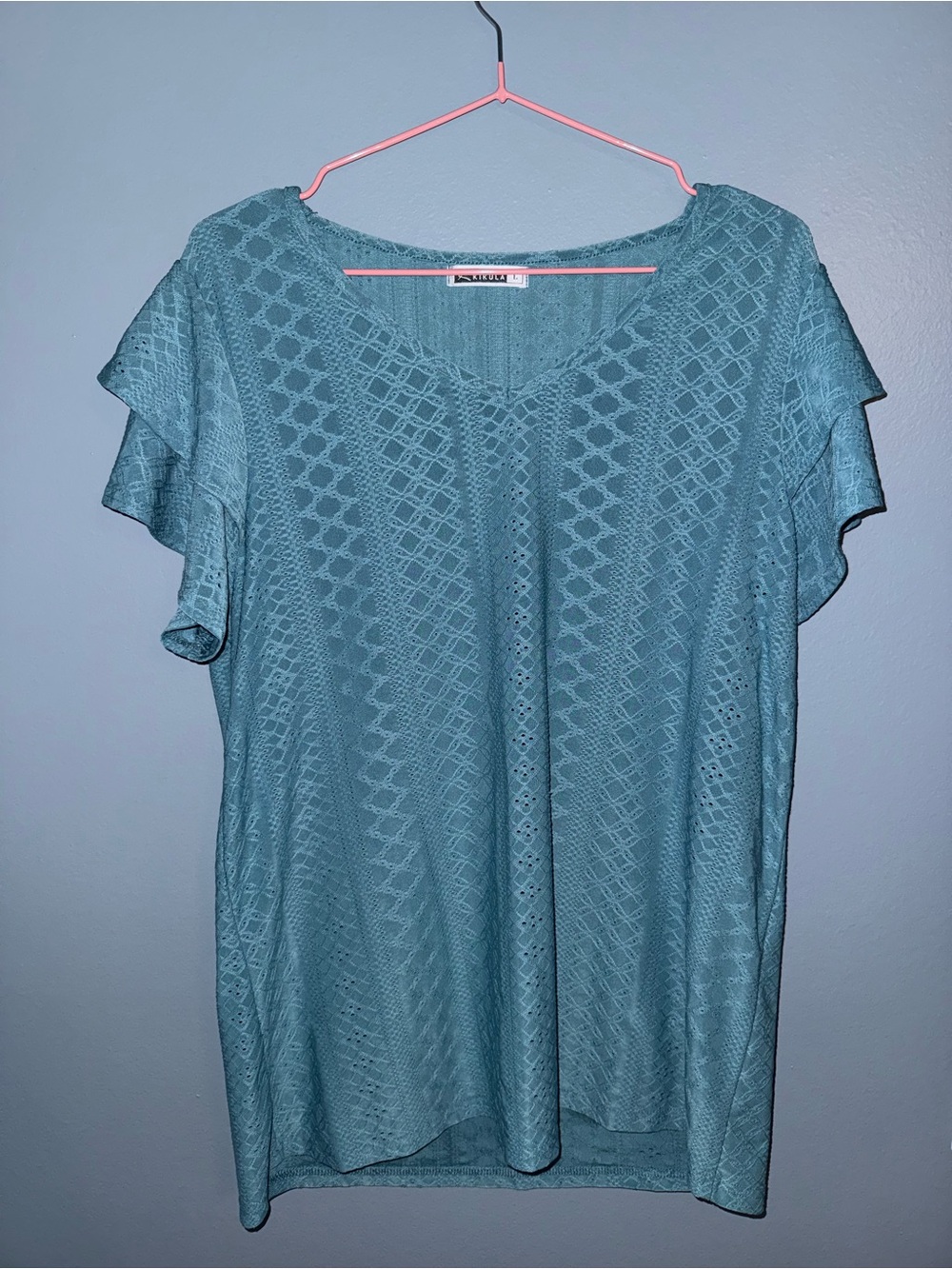Avenue Teal Lace-Pattern Flutter Sleeve Blouse